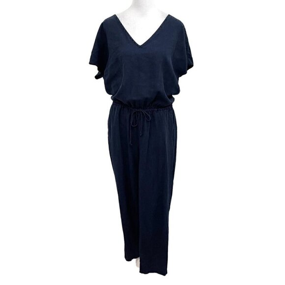 J.Crew Linen Blend V-Neck Relaxed Jumpsuit Playsuit Preppy Navy Blue size Small - Picture 1 of 11